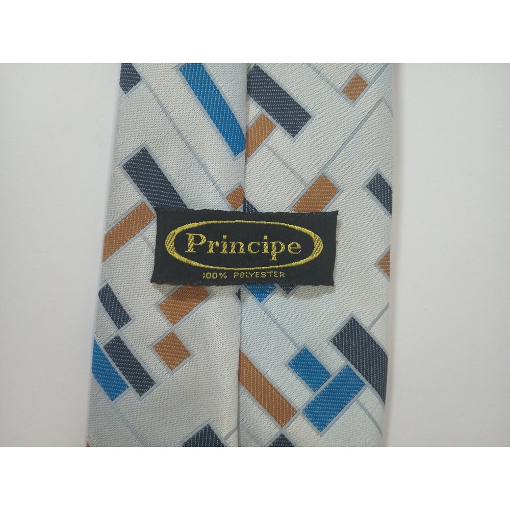 Principe Mens Necktie Blue Grey Copper Polyester Tie Retro Vintage Geometric